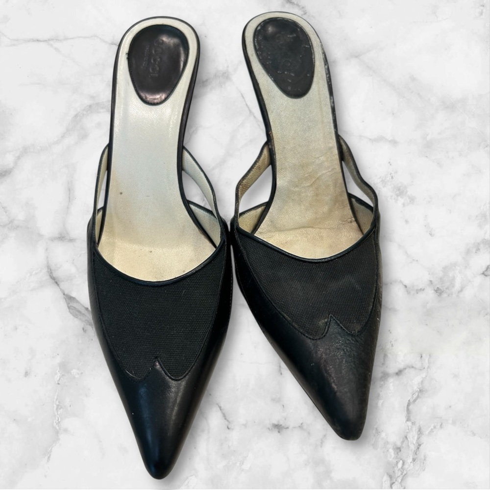 Gucci heeled slides, Black Leather and Canvas, Preowned, Sz 8.5 B